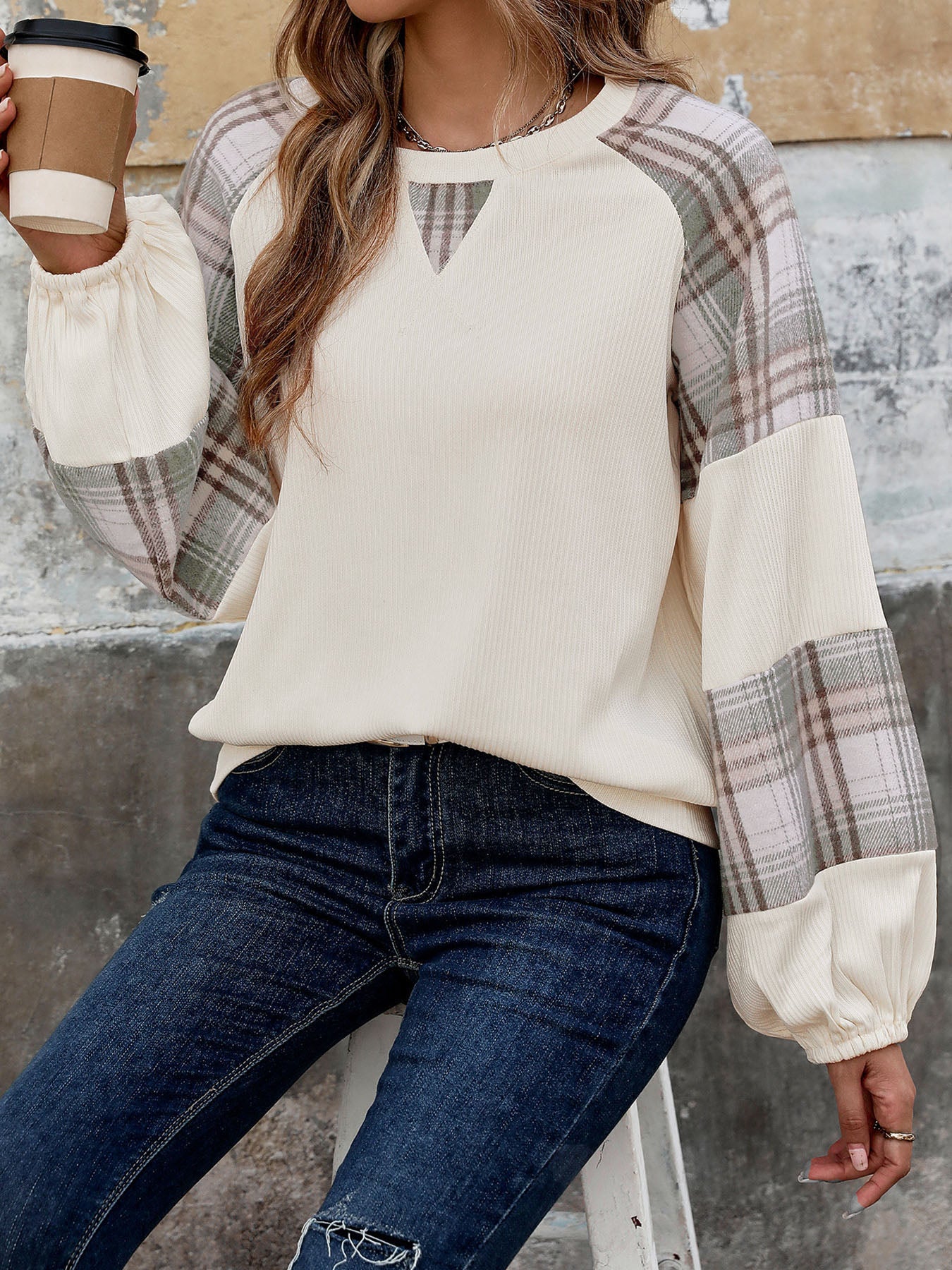 Perfee Plaid Round Neck Long Sleeve Sweatshirt